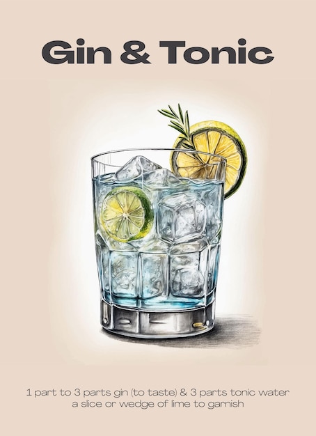 Vector gin tonic cocktail op de rotsen gegarneerd met een plakje limoen en groen kruid zomer aperitief retro