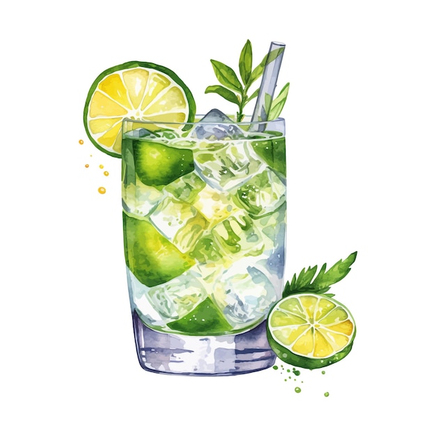 Vector gin tonic cocktail watercolor hand drawn illustration drink clipart