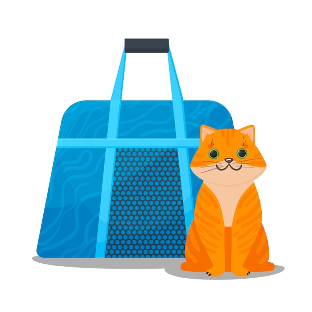 Vector ginger cat sits next to the carrier. textile animal carrier bag