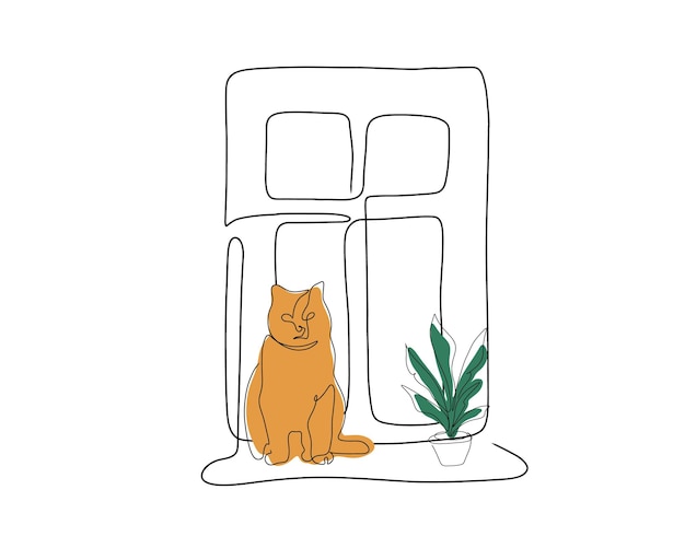 Рыжий кот сидит на подоконнике рядом с цветочным горшком, комнатным растением. Домашний питомец. Линейный стиль.