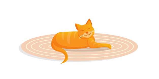 Ginger cute cat lies on a cozy carpet. Vector cartoon illustration.