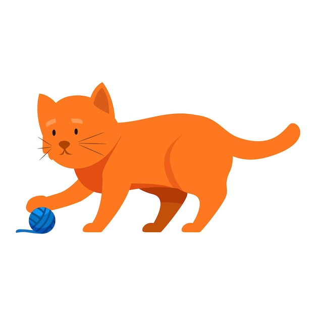 Ginger kat speelt met een bal garen op een witte achtergrond