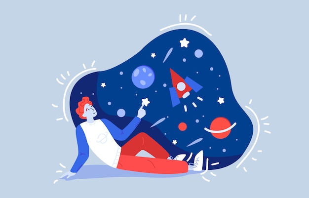 Vector ginger male teenager sits on the ground and looks at the stars, full moon, jupiter and nights sky with the rocket. astronomy and science theme.  cartoon colored flat illustration