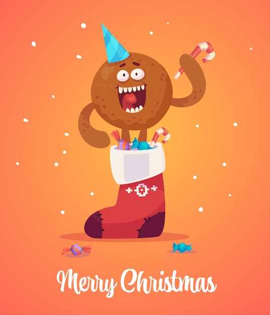 A ginger man gets out of a sock with gifts and holds sweets in his hands.