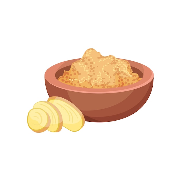 Ginger powder in wooden bowl and round three slices of root Organic cooking ingredient Fragrant spice for food and drinks Natural product Detailed flat vector design isolated on white background