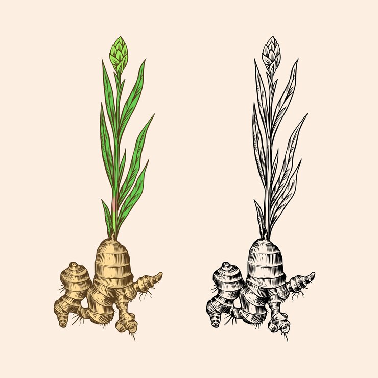 Vector ginger root, chopped rhizome, fresh plant.