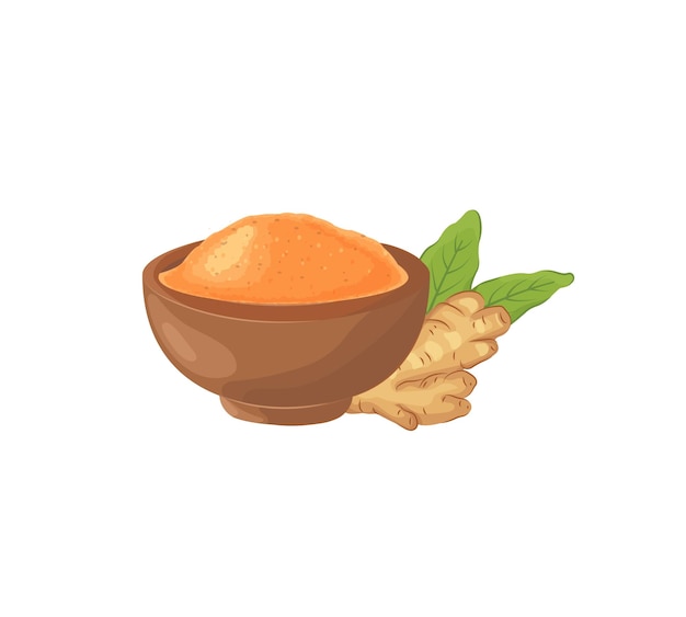Ginger root with green leaves and dry ginger powder in a wooden bowl Ayurvedic remedy and spice