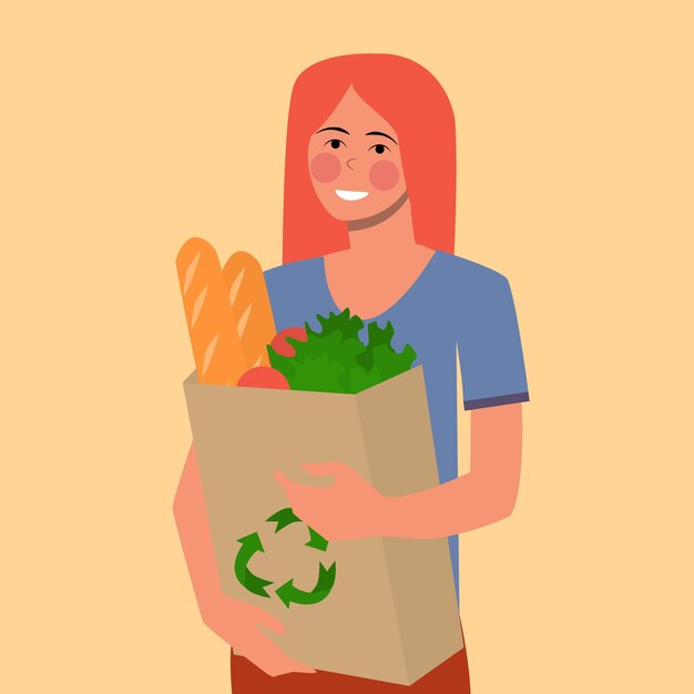 Ginger sweet yong girl with grocery bag, flat vector illustration. oganic, eco and naturale concept