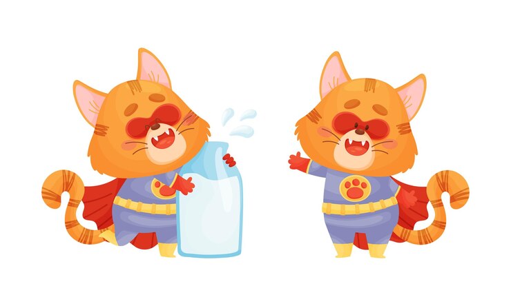 Vector ginger whiskered cat in red superhero cloak standing with milk bottle vector set