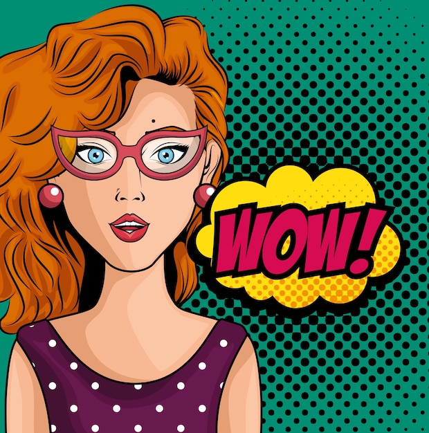 Ginger woman comic like pop art icon with wow sign over teal background with black dots vector illus