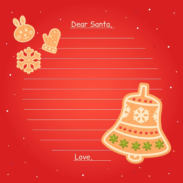Gingerbread bell Letter for Santa Claus note Flat cartoon vector