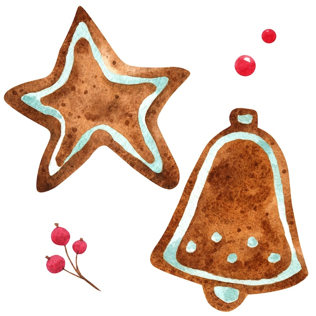 Gingerbread, bell and star. watercolor set