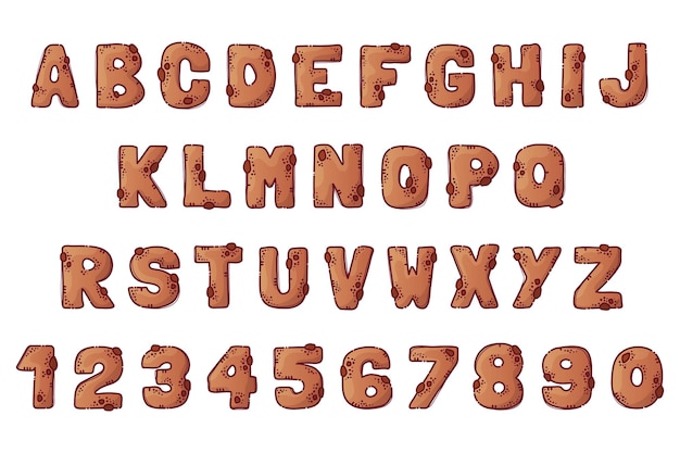 Пряничный мультяшный алфавит шрифт из букв и цифр в виде имбирного пряника с шоколадной стружкой надпись на печенье изолированные объекты для книг текстильные открытки векторный мультяшный стиль