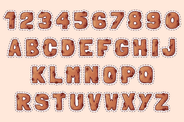 Vettore alfabeto cartone animato di pan di zenzero font da lettere e numeri a forma di pan di zenzero con gocce di cioccolato lettering cookie oggetti isolati per libri carte tessili stile cartone animato vettoriale