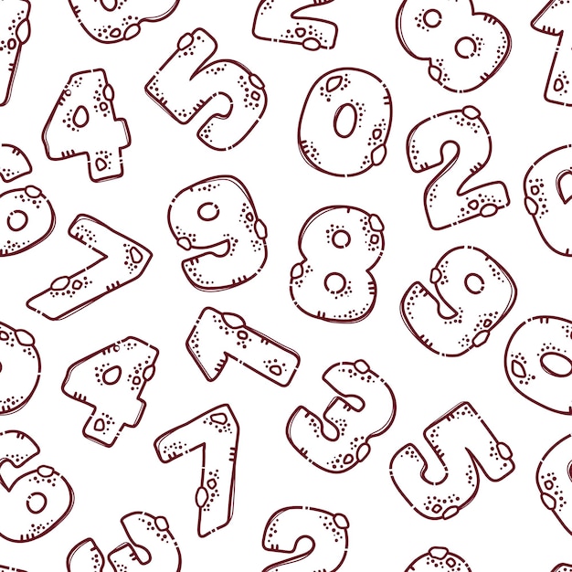 진저브레드 만화 알파벳 초콜릿 칩이 있는 진저브레드의 형태로 숫자에서 글꼴 쿠키 레터링 배경 월페이퍼 섬유 구성에 대한 원활한 패턴 벡터 손으로 그린
