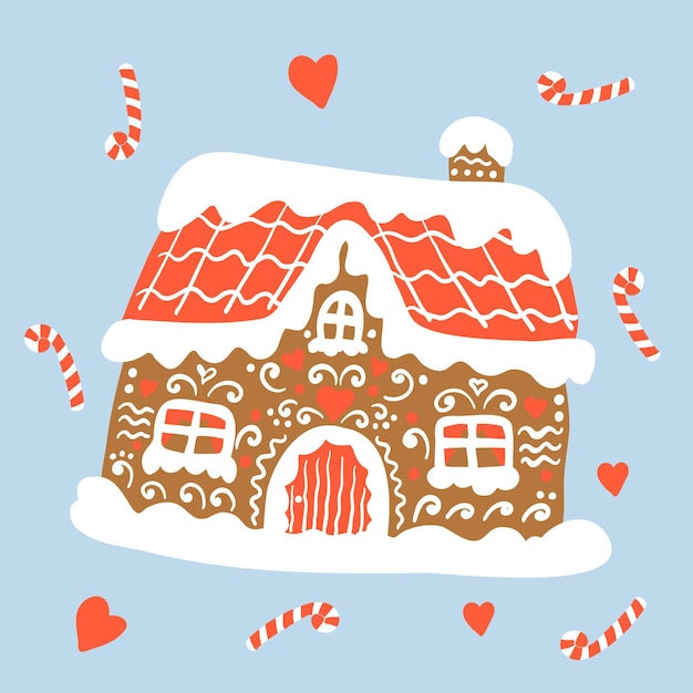 Gingerbread christmas house. Winter bread cottage with snow red roof. New year holiday card design .