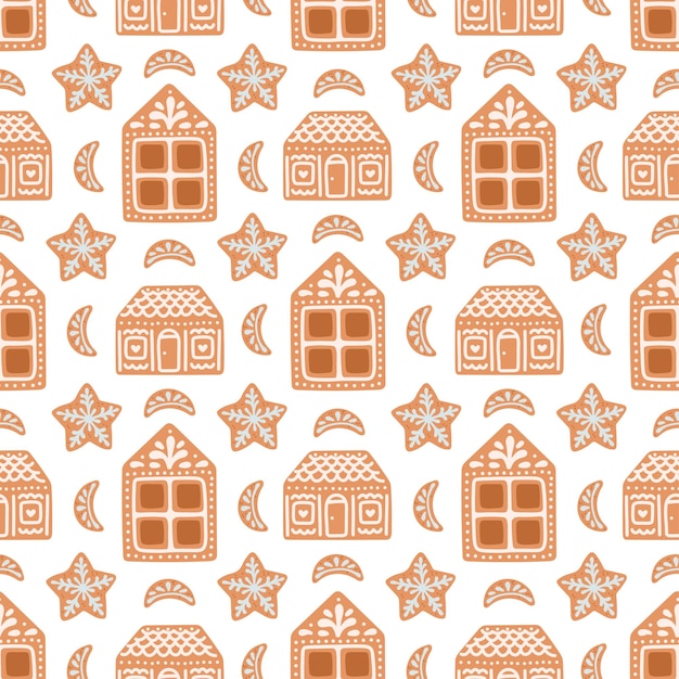 Gingerbread Christmas seamless pattern house cookies isolated on white vector illustration