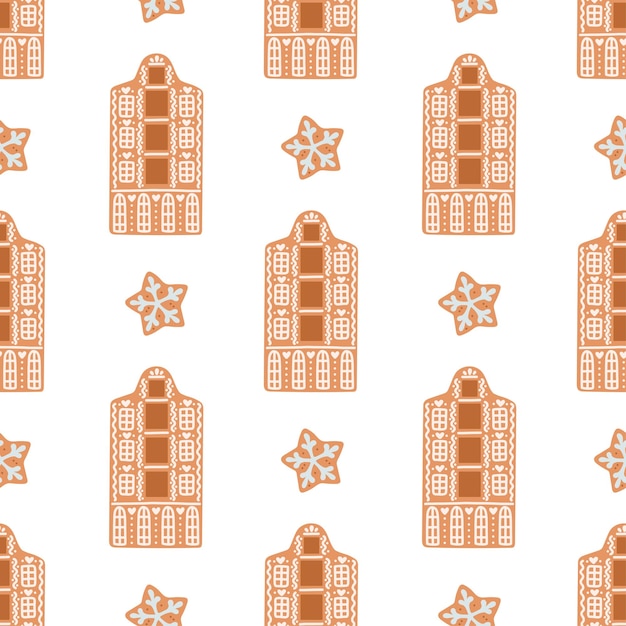 Gingerbread christmas seamless pattern house cookies isolated on white vector illustration