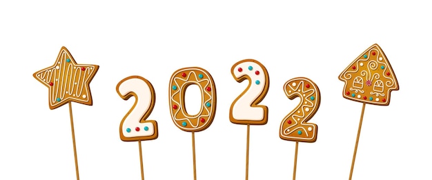 새해 메시지에 만화 스타일의 달콤한 비스킷 문구가 있는 막대기에 있는 진저브레드 쿠키 숫자