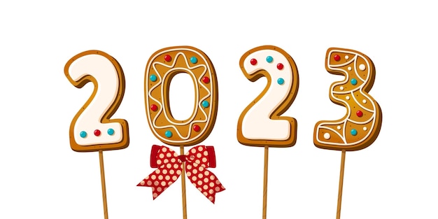 Gingerbread cookie numerals on sticks with phrase 2023 in cartoon style Sweet biscuit with red bow in new year message isolated on white background Cute number Vector illustration