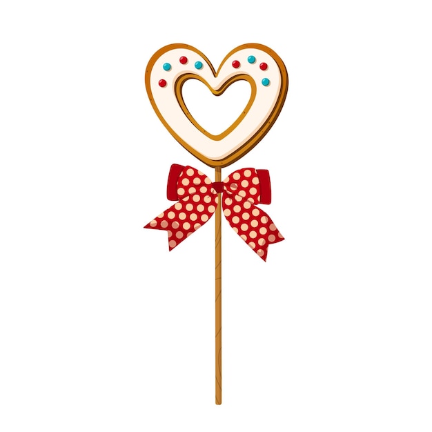 Gingerbread cookie in shape of heart on wooden stick in cartoon style cake pop with sweet biscuit