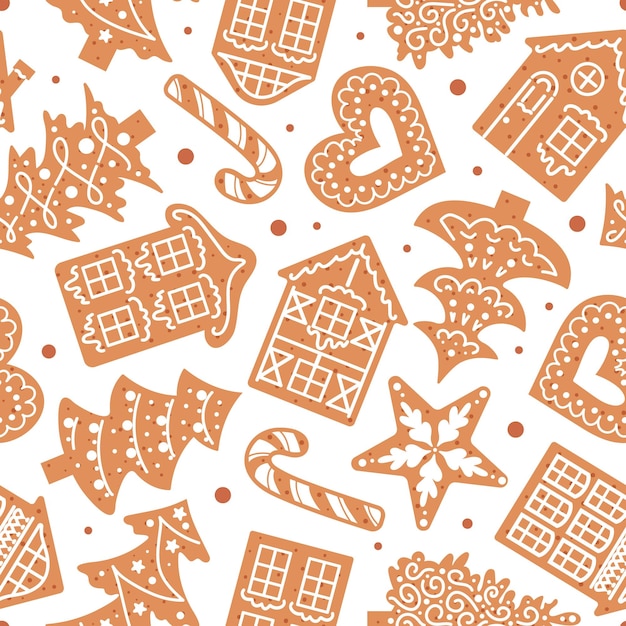Vector gingerbread decorated with icing on a white background christmas seamless pattern traditional cookies houses candy cane snowflakes and hearts for wallpaper fabric wrapping