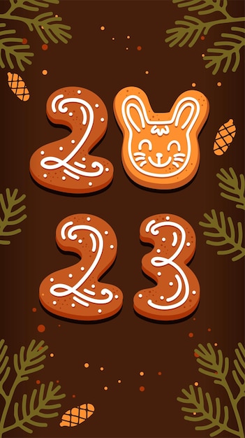 Gingerbread in the form of numbers and a rabbit symbol of 2023 rabbit in a cartoon style