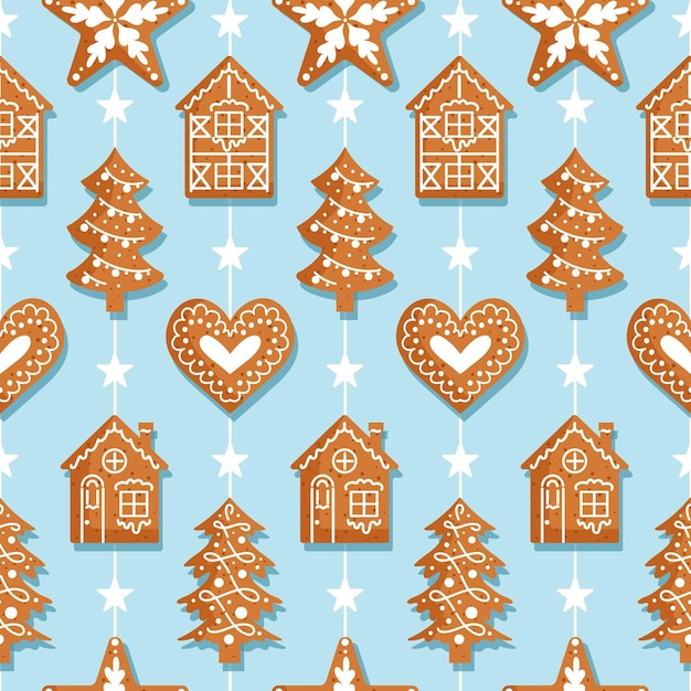 Gingerbread garland decorated with icing lie Christmas seamless pattern traditional cookies Houses snowflakes stars and hearts For wallpaper printing on fabric wrapping