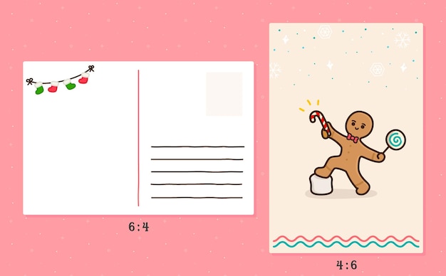 Gingerbread holding sweets candy cane and lollipop kawaii doodle flat cartoon postcard vector