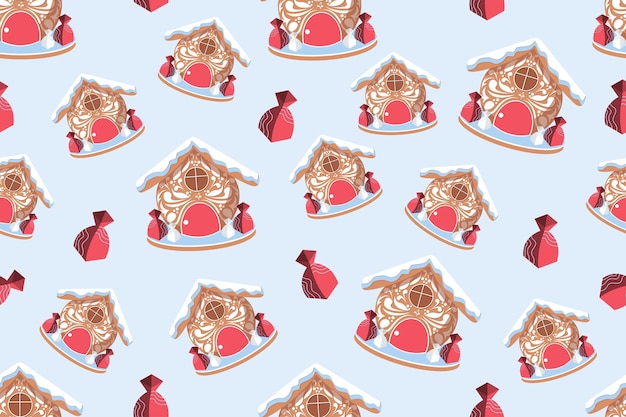 Gingerbread house painted pattern of white glaze on the wall Christmas sweets wrapped candies