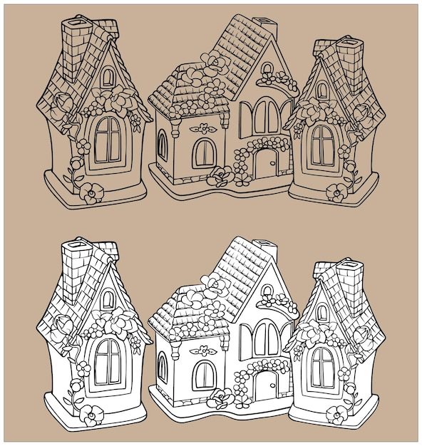 Gingerbread House Vector. Vector black and white illustration. For coloring and design books. Cute