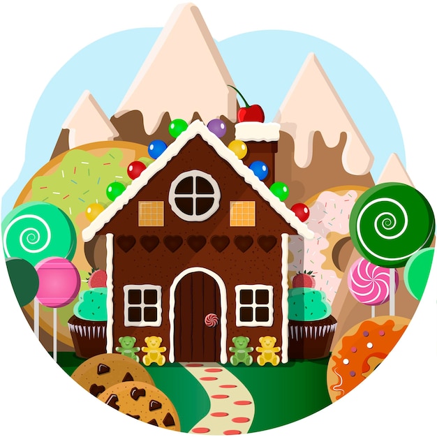 Gingerbread house with candy trees and sweet mountains cartoon bright vector illustration