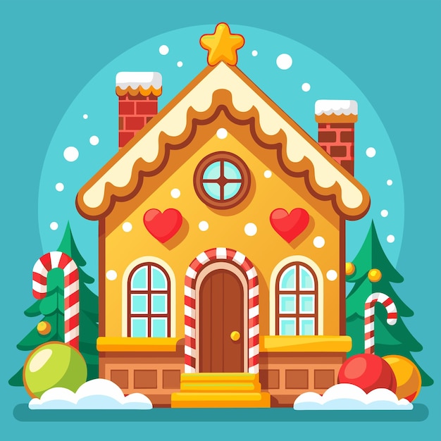 Vector a gingerbread house with a christmas tree and a candy cane on it