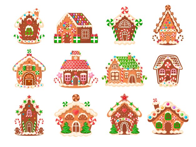 Vettore gingerbread house xmas bakery prodotti decorativi dolci e torte collezione recenti illustrazioni vettoriali di pan di zenzero colorate