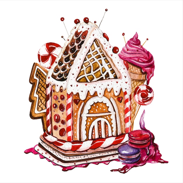 Gingerbread houses hand drawn watercolor illustrations set Christmas cookies buildings with lollipops and ice cream on white background Fairytale huts with confection decorations aquarelle paintings