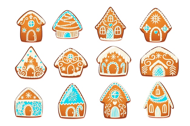 Set di case di pan di zenzero. simpatico biscotto natalizio tradizionale con decorazione di glassa bianca. illustrazione vettoriale.