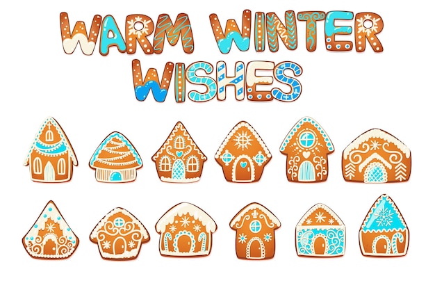 Gingerbread houses set. cute christmas traditional cookie with white icing decoration. vector illustration.