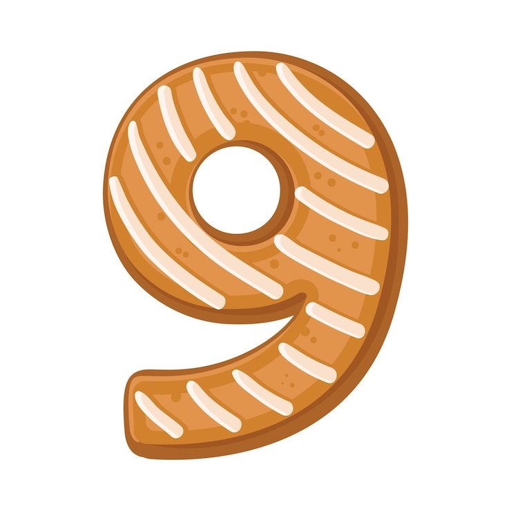 Vector gingerbread in de vorm van het getal 9 is versierd met patronen van wit glazuur vector illustratie
