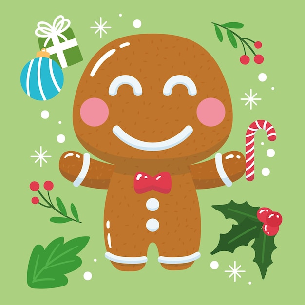 Gingerbread man cartoon kawaii Christmas decoration Vector