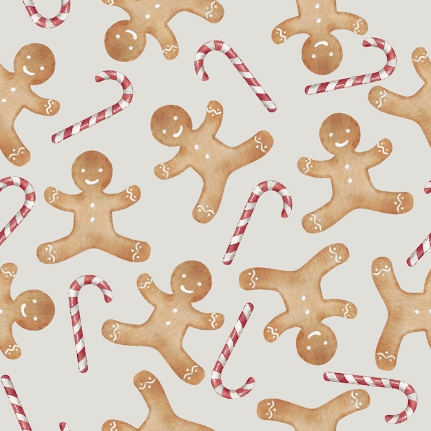 Gingerbread man cookie and candy cane seamless pattern