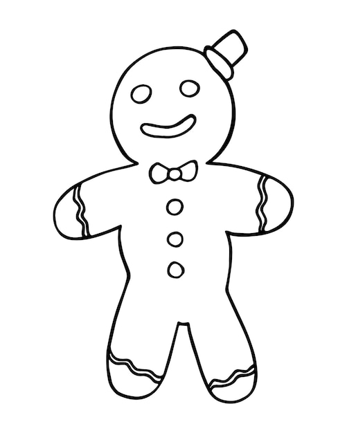 Il biscotto dell'uomo di pan di zenzero in cappello con fiocco e bottoni doodle lineare del fumetto