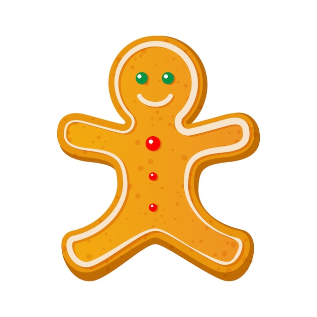 Gingerbread man decorated colored icing. Holiday cookie in shape of man. Vector illustration for new year day, christmas, winter holiday