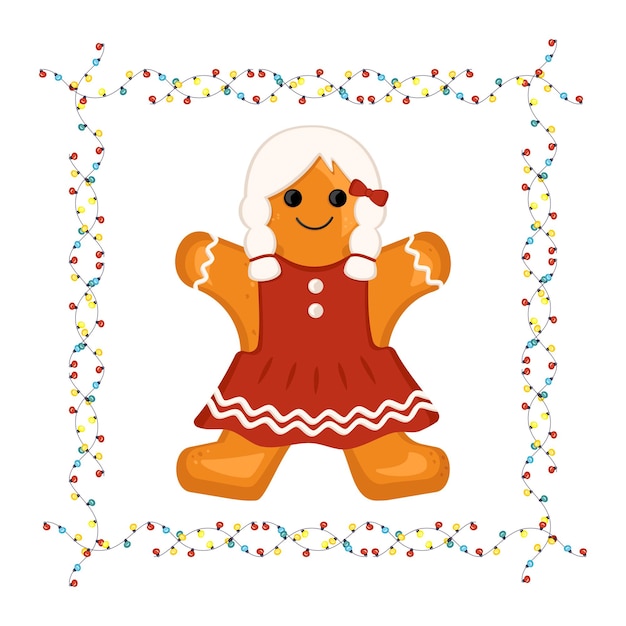 Vector gingerbread man decoration for new year christmas and holidays in frame of garland with light bulbs vector flat illustration
