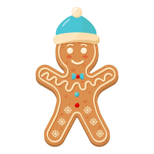 Vector gingerbread man in a hat. christmas icon. sweet homemade glazed biscuit.