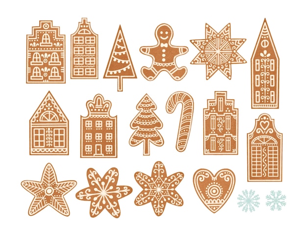 Gingerbread man, houses, candy cane, Christmas trees, stars cookies with frosting isolated elements