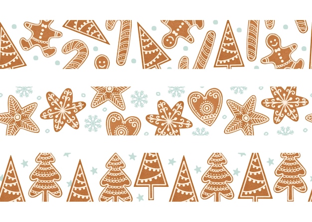 Gingerbread man, kerstboom, snoepgoed en koekjes naadloze randen ingesteld voor banner