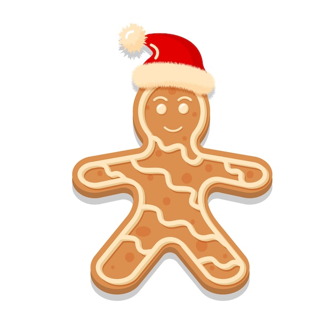 Gingerbread man in santa hat  Christmas icon. Sweet homemade glazed biscuit.