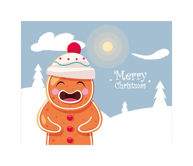 Gingerbread man in winter landscape with merry christmas lettering