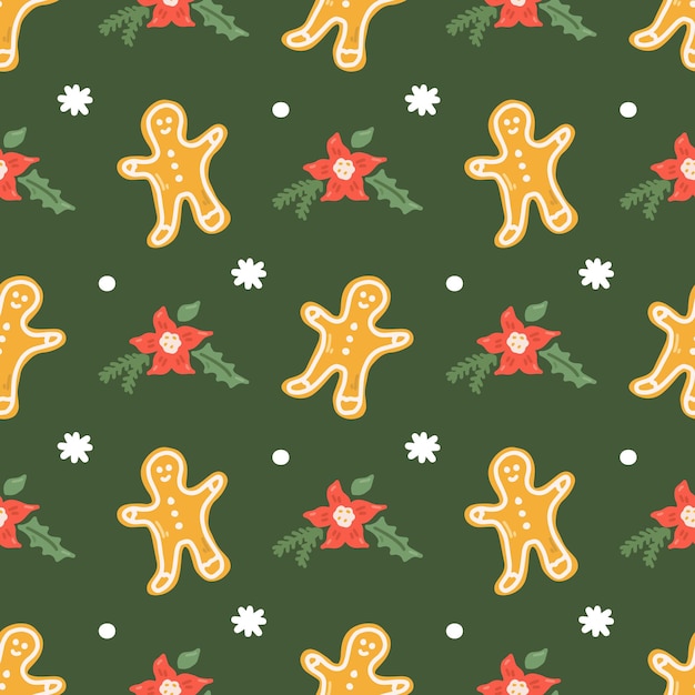 緑の背景のベクトル クリスマスのシームレスなパターンに雪片を持つジンジャーブレッド人