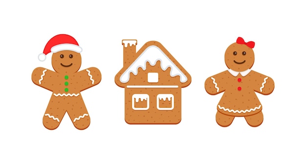 Vector gingerbread man woman and house classic christmas cookies xmas biscuit isolated on white background